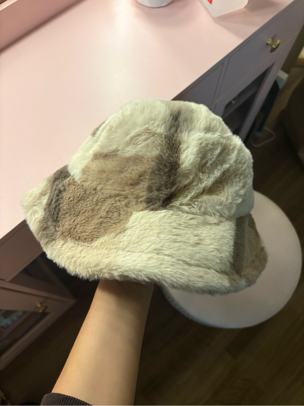 Faux Fur Bucket Hat in Cream and Brown - Women Accessories